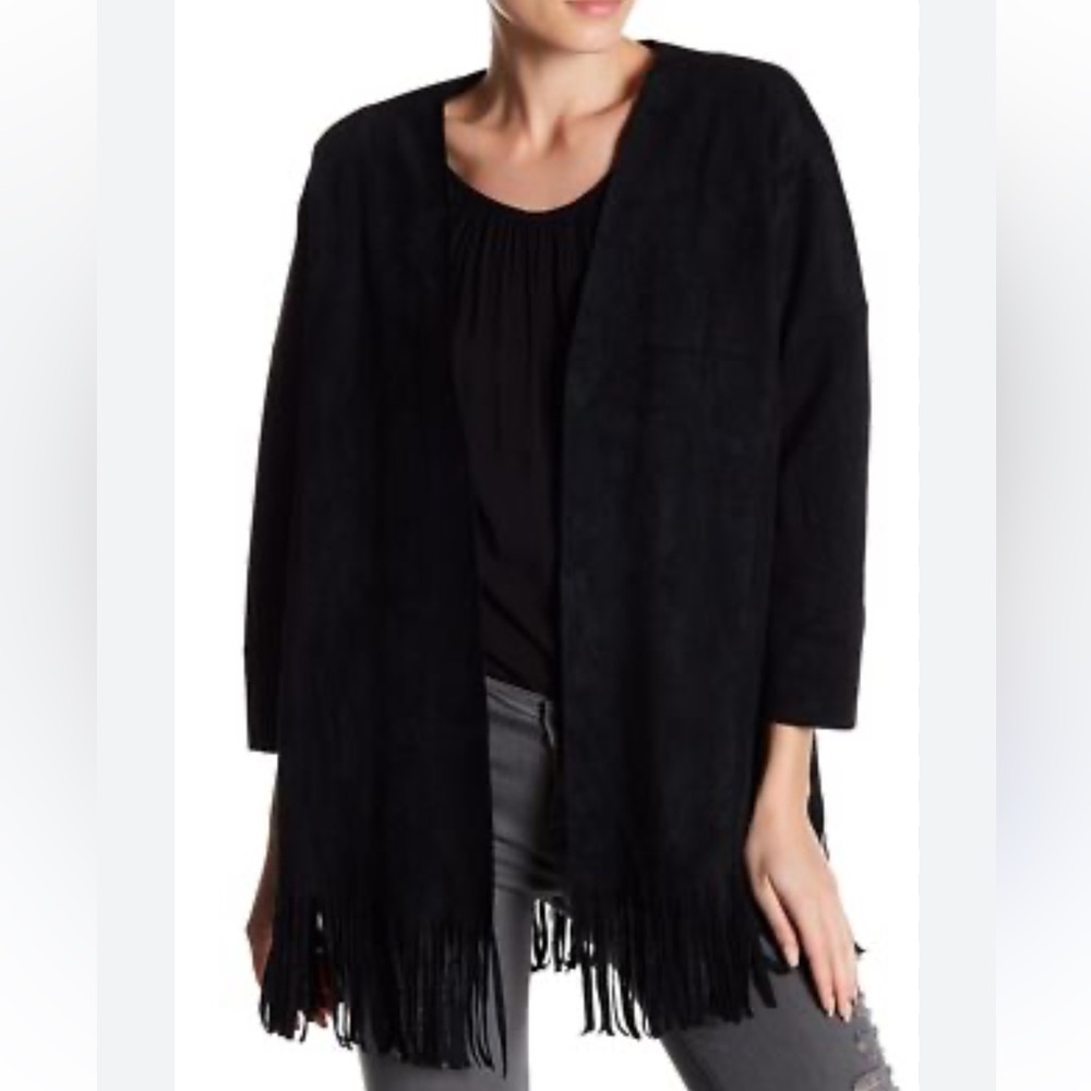 Velvet by Graham & Spencer Monita Faux Suede Fringe Jacket Black Size Large‎